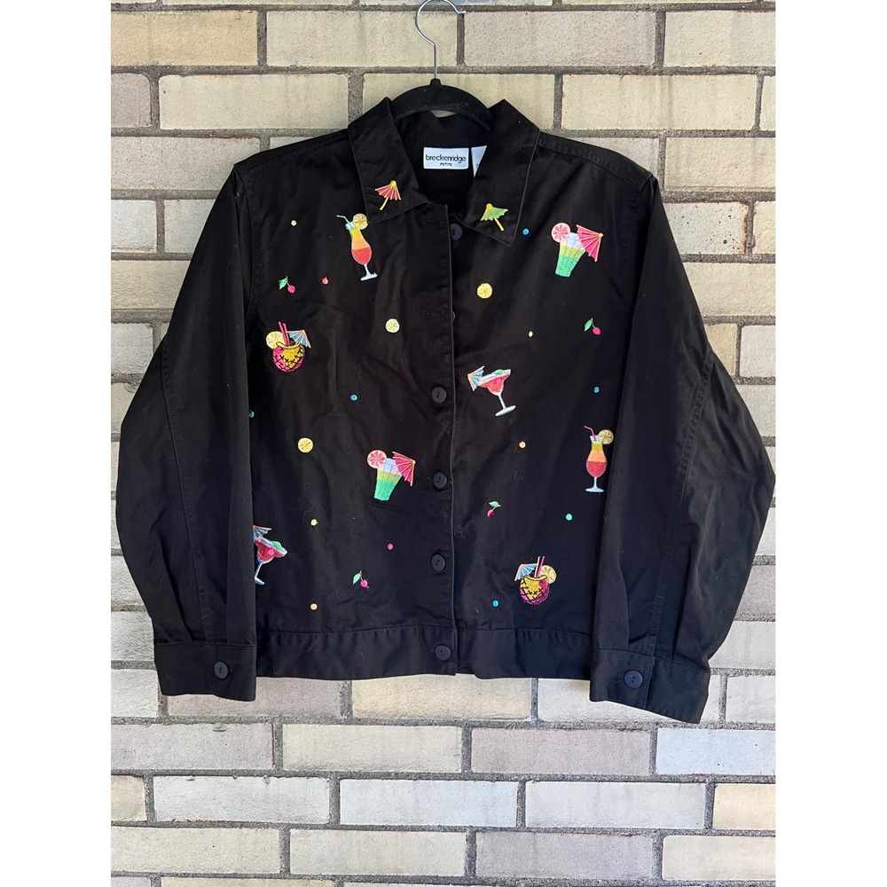 Breckenridge Petite Black Cotton Fruit Cocktail Embroidered Jacket Large PL